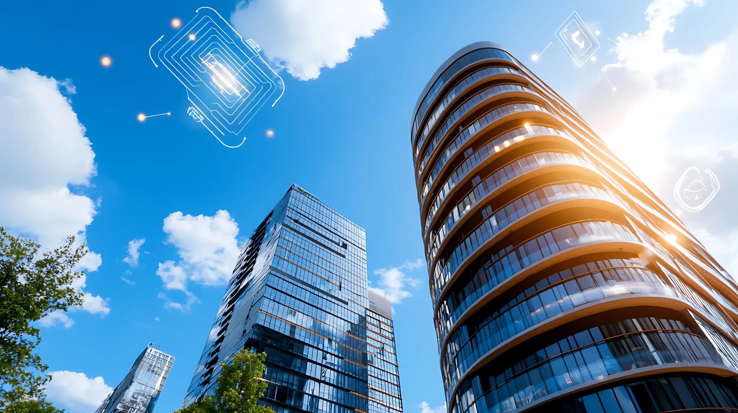 Commercial towers seen from below with building performance data overlaid