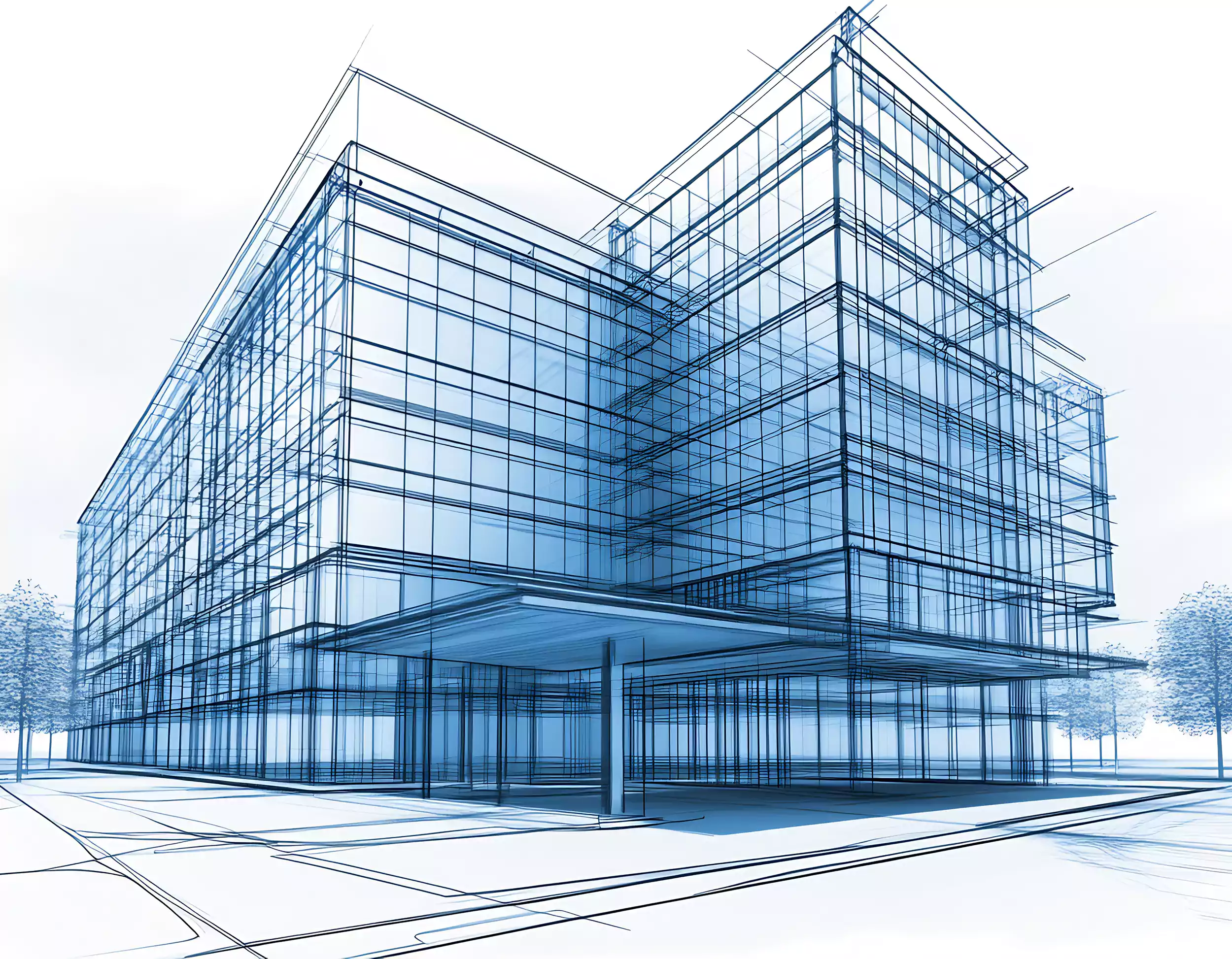 Wireframe architectural model of a glazed commercial building used to study orientation and daylight