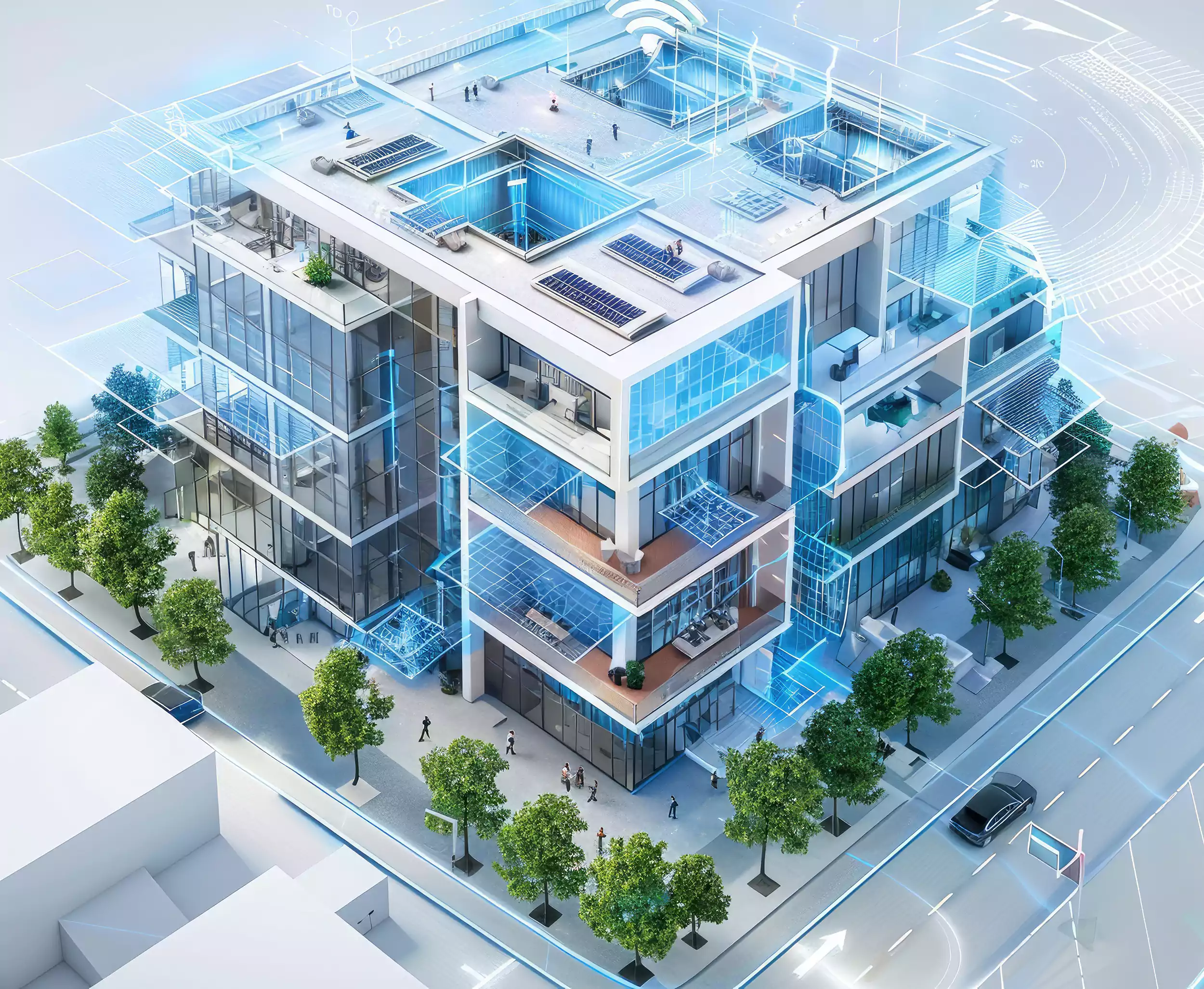 Cutaway view of a multi-storey commercial building showing its energy systems